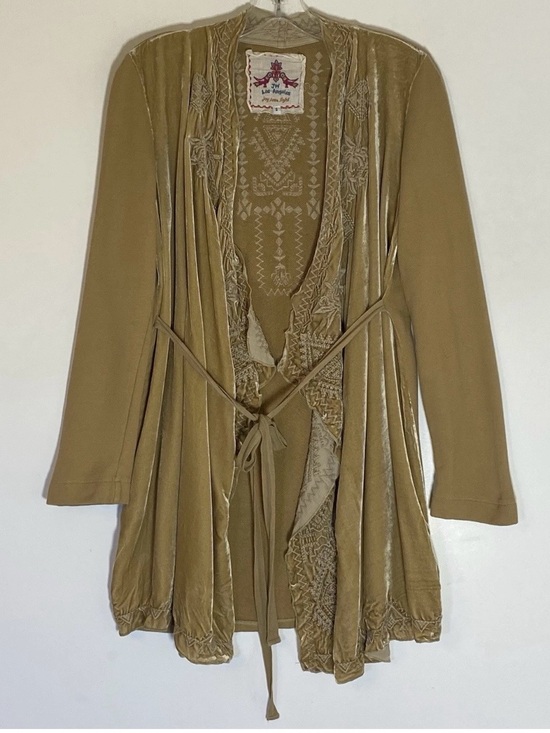 Johnny Was Other - Boho Johnny Was Velvet Tie-Waist Robe Cardigan in tan/Beige